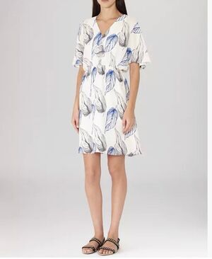 Reiss White Blue Pollie Leaf Print V-Neck Flutter Sleeve Blouson Dress Size 6